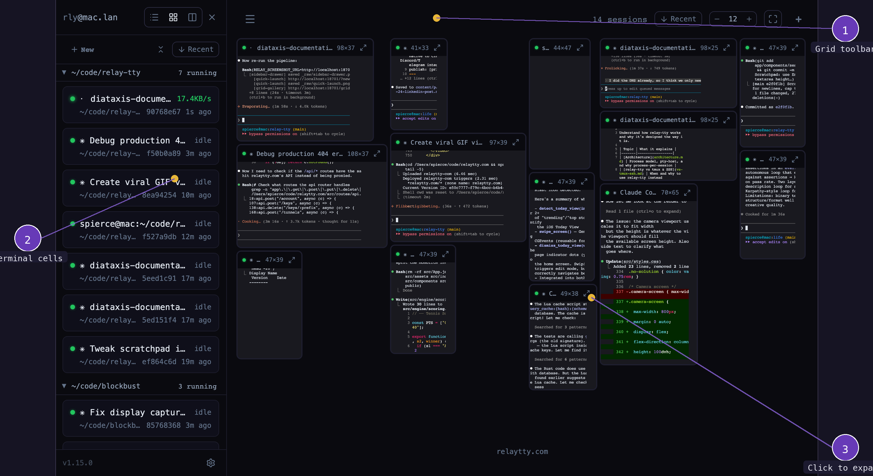 Grid gallery with live terminals